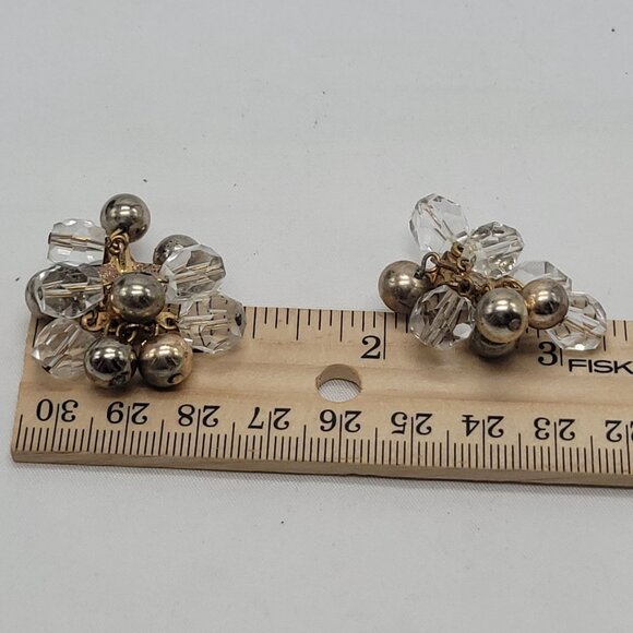 Vintage Cluster Clip-On Earrings With Clear Faceted Beads & Silver-Tone Balls - Picture 3 of 11